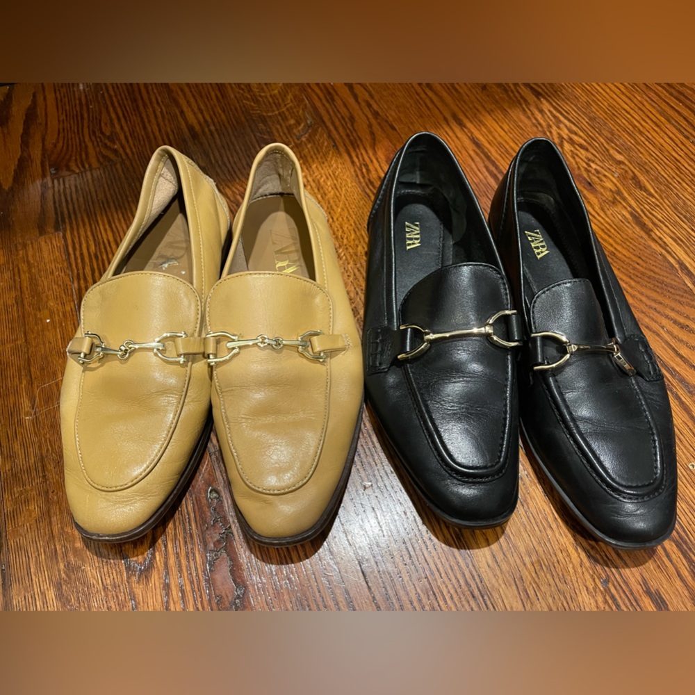 Zara Women's Black and Tan Loafers with Chain Detail Size 37